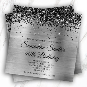 Black Glitter Silver Foil 40th Birthday Invitation