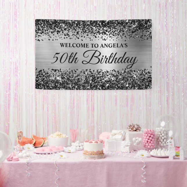 Black Glitter Silver Foil 50th Birthday Welcome Banner (Party)