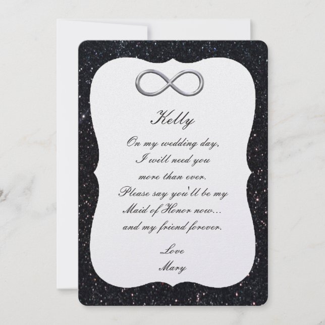 Black Glitter Silver Infinity Maid Of Honour Card (Front)