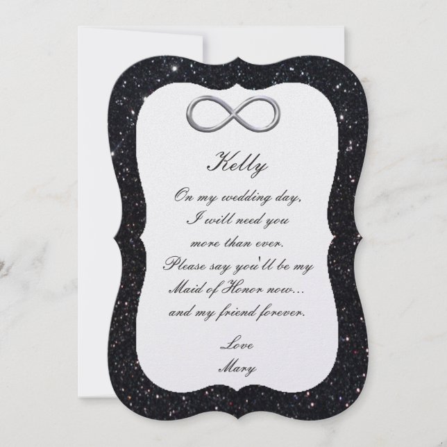Black Glitter Silver Infinity Maid Of Honour Card (Front)