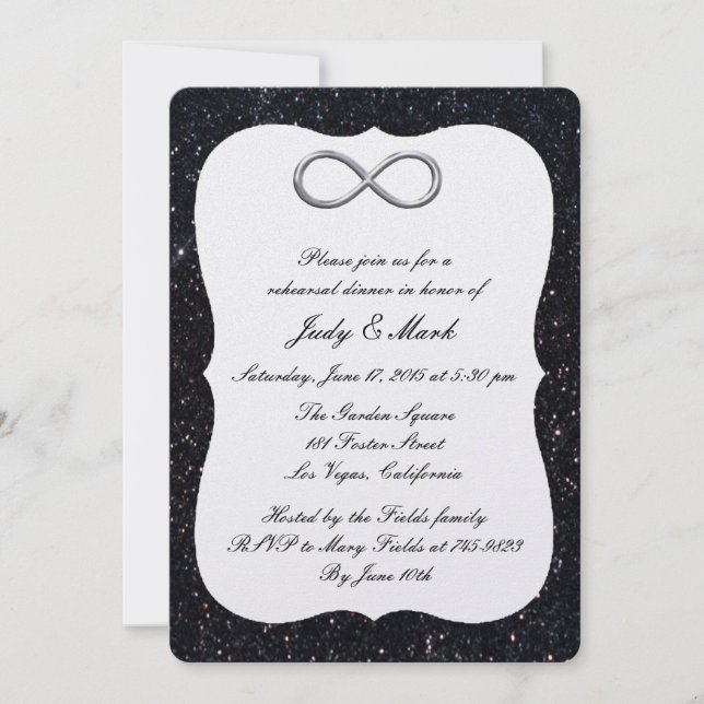 Black Glitter Silver Infinity Rehearsal Dinner Invitation (Front)
