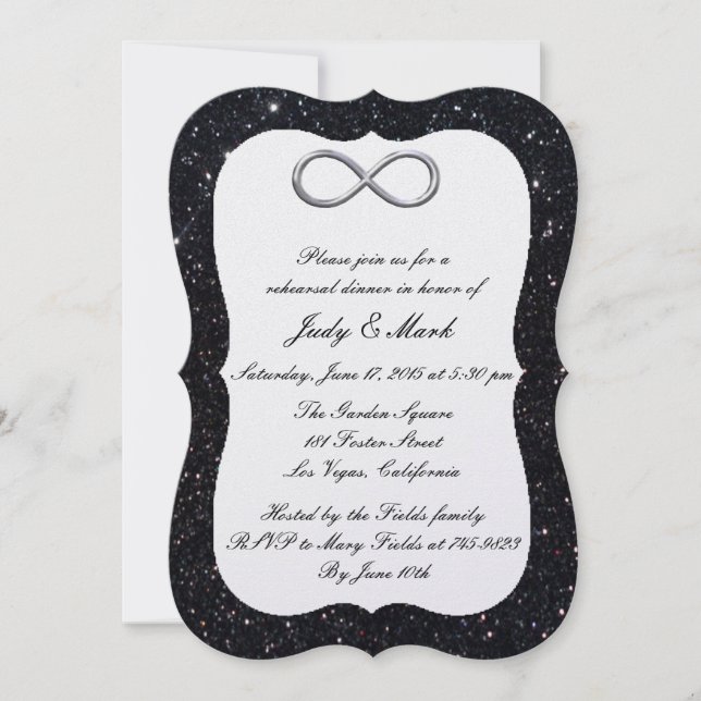 Black Glitter Silver Infinity Rehearsal Dinner Invitation (Front)