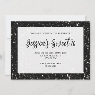 Black glitter sparkles Sweet 16 elegant script Invitation