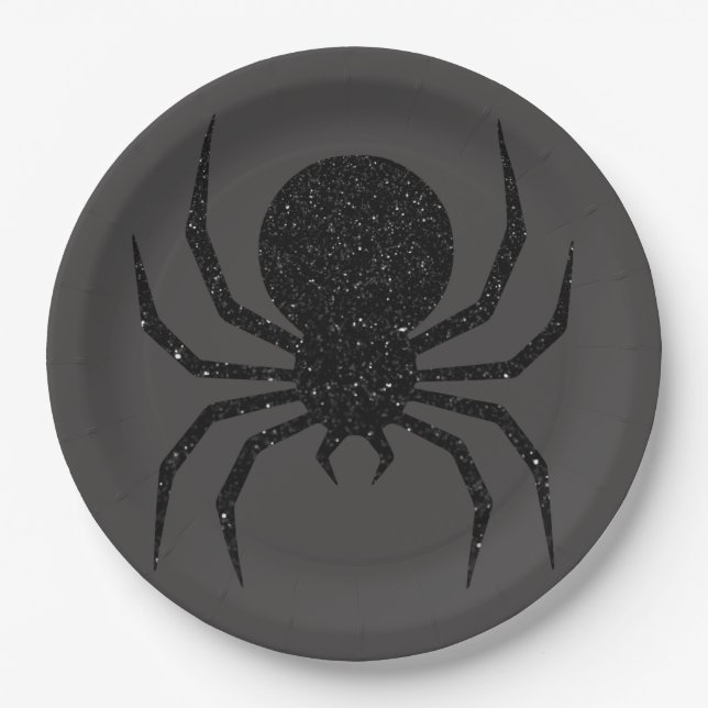 Black Glitter Spider Halloween Paper Plate (Front)