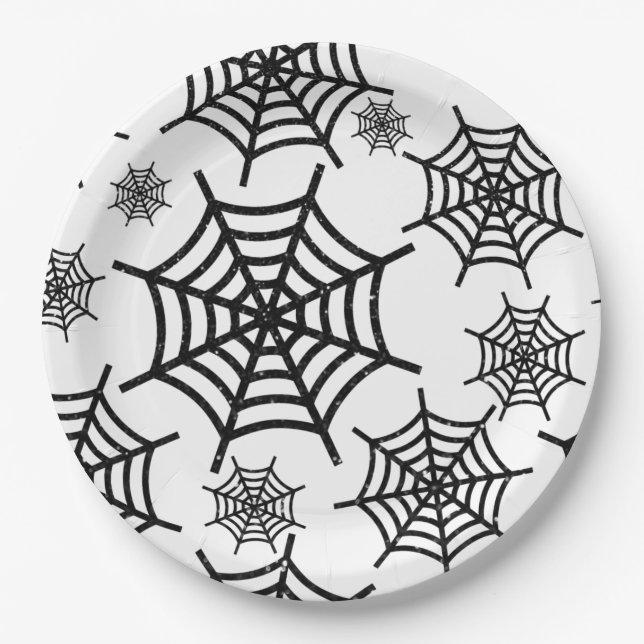 Black Glitter Spiderweb Halloween Paper Plate (Front)