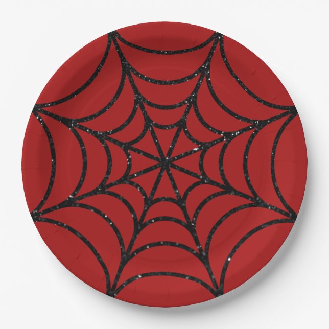 Black Glitter Spiderweb Paper Plate (Front)