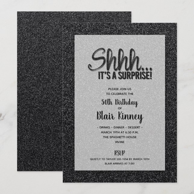Black Glitter SURPRISE Birthday Invitation (Front/Back)