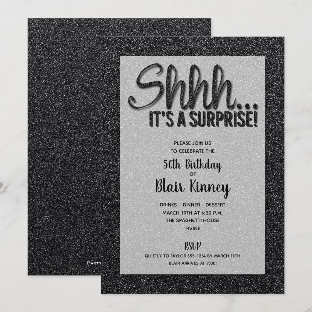 Black Glitter SURPRISE Birthday Invitations (Front/Back)