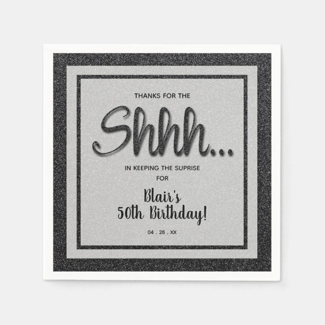 Black Glitter SURPRISE Birthday Party Napkin (Front)