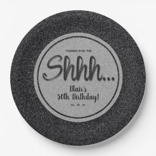 Black Glitter SURPRISE Birthday Party Paper Plate