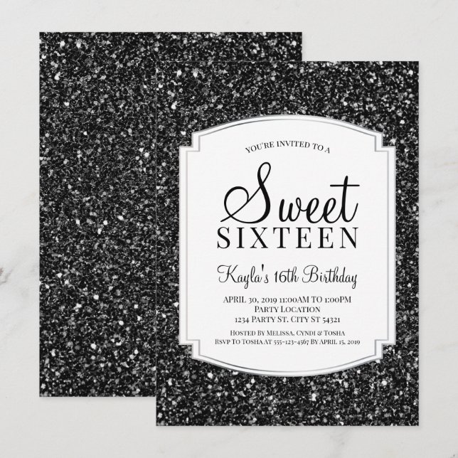 Black Glitter Sweet 16 Invitations (Front/Back)