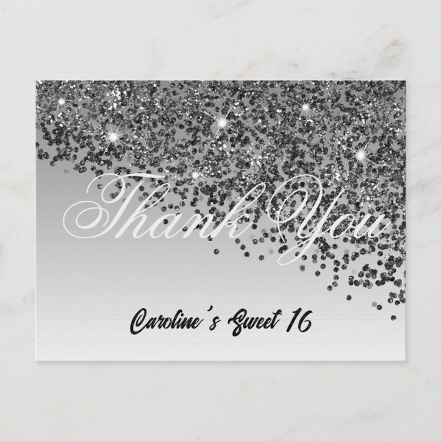 Black Glitter, Sweet 16 Thank You Postcard (Front)