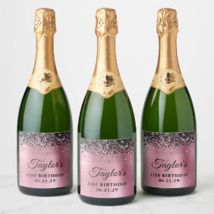 Black Glitter Top Border Pink Foil 21st Birthday Sparkling Wine Label