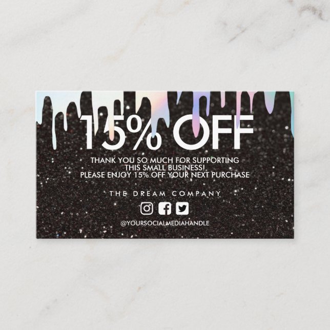Black Glitter Trendy Discount Holo Drip Thank You Business Card (Front)