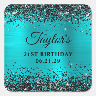 Black Glitter Turquoise Blue Foil 21st Birthday Square Sticker