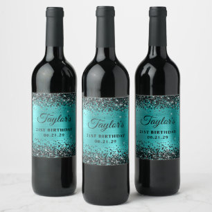 Black Glitter Turquoise Blue Foil 21st Birthday Wine Label