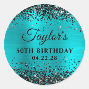 Black Glitter Turquoise Blue Foil 50th Birthday Classic Round Sticker