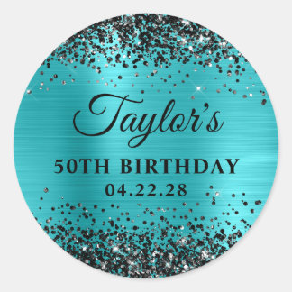 Black Glitter Turquoise Blue Foil 50th Birthday Classic Round Sticker