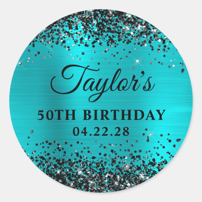 Black Glitter Turquoise Blue Foil 50th Birthday Classic Round Sticker (Front)