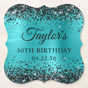 Black Glitter Turquoise Blue Foil 50th Birthday Paper Coaster
