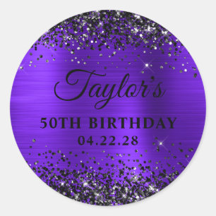 Black Glitter Violet Foil 50th Birthday Classic Round Sticker