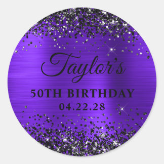 Black Glitter Violet Foil 50th Birthday Classic Round Sticker