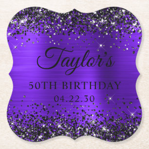 Black Glitter Violet Foil 50th Birthday Paper Coaster