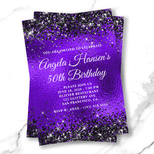 Black Glitter Violet Glass Foil 50th Birthday Invitation