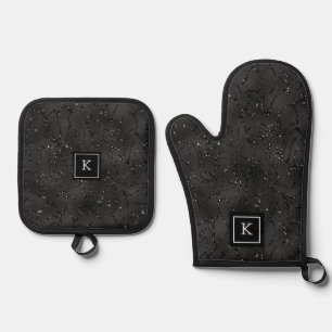 Black glittery background monogram oven mitt & pot holder set