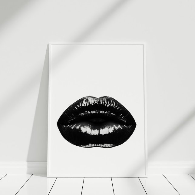 Black Glossy Lips Minimalist Wall Art (Black Lips Modern Poster Print in white frame.)