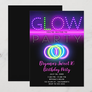 Black Glow Party Neon Lights Birthday Party Invitation