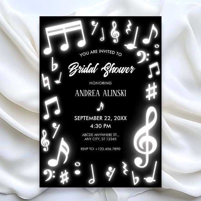Black glows Music notes bridal shower Invitation (Creator Uploaded)