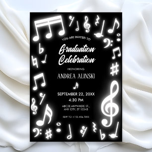 Black glows Music notes graduation Invitation