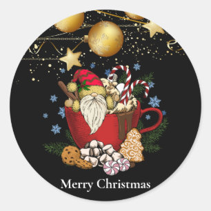 Black Gnome Merry Christmas Snow Flakes Classic Round Sticker