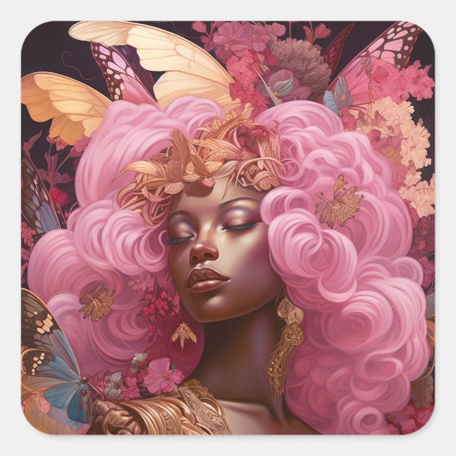 Black Goddess In Pink and Gold Square Sticker (Front)