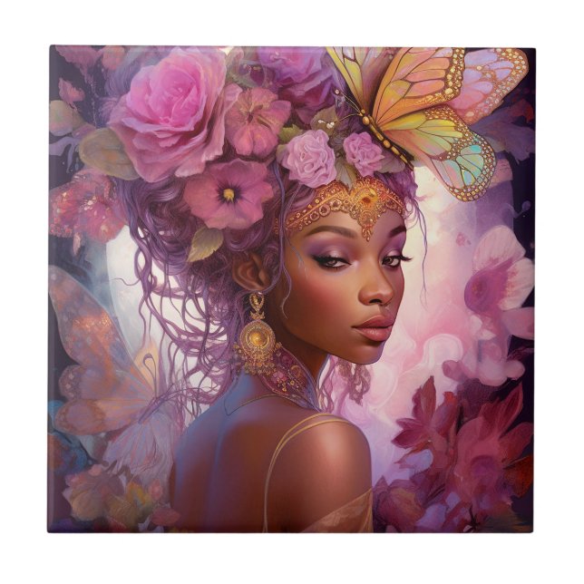Black Goddess Pink Purple Fantasy Art Tile (Front)