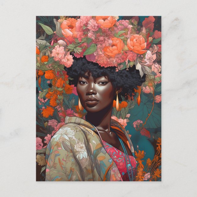 Black Goddess Queen Flowers Fantasy Art Postcard (Front)
