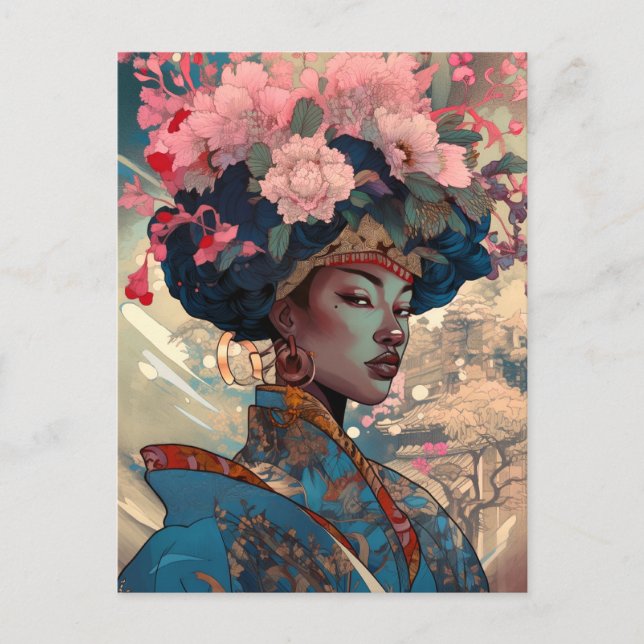 Black Goddess Queen Pink Blue Fantasy Art Postcard (Front)