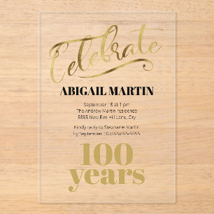 Black Gold 100th Birthday Clear Acrylic Acrylic Invitations