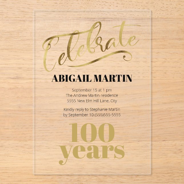 Black Gold 100th Birthday Clear Acrylic Acrylic Invitations (Front)