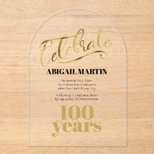 Black Gold 100th Birthday Clear Acrylic Arch Invitations