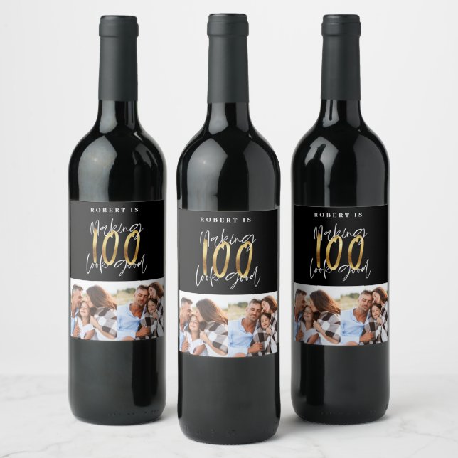 Black gold 100th birthday multi photo party  wine label (Bottles)