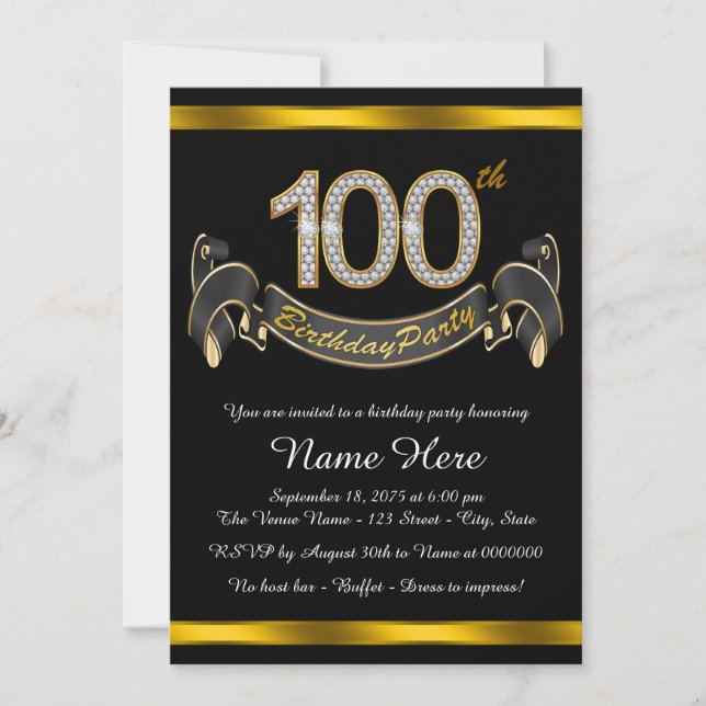 Black Gold 100th Birthday Party Invitation (Front)