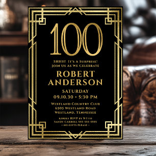 Black Gold 100th Birthday Photo Surprise Party Invitation