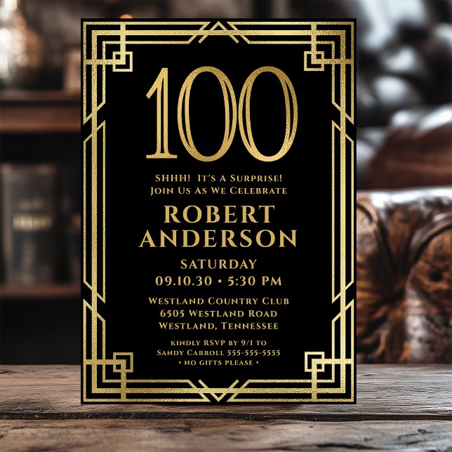 Black Gold 100th Birthday Photo Surprise Party Invitation (Creator Uploaded)