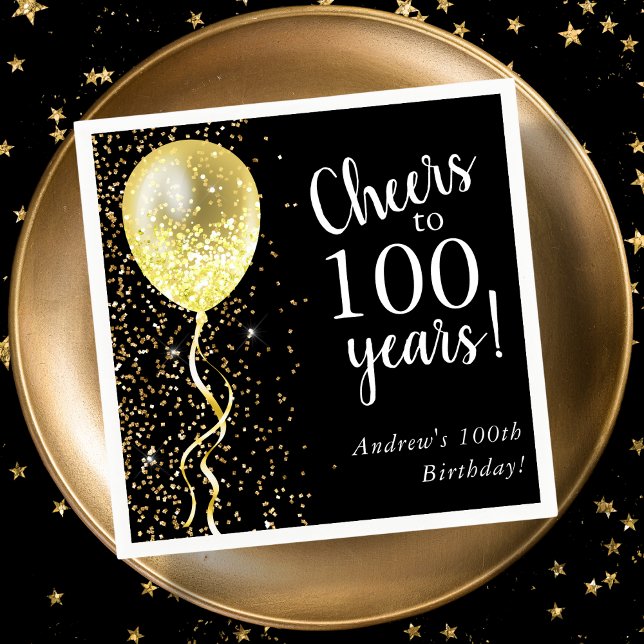 Black & Gold | 100th Glitter Balloon Birthday  Napkin (Creator Uploaded)