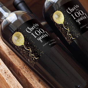Black & Gold   100th Glitter Balloon Birthday  Wine Label