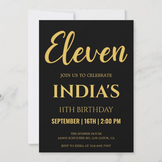 Black & Gold 11th Birthday  Invitation (Front)