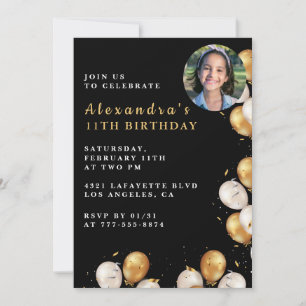 Black Gold 11th birthday invitation Balloon Photo 