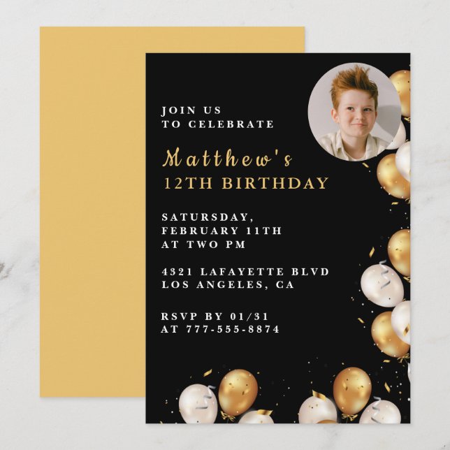 Black Gold 12th birthday invitation Balloon Photo  (Front/Back)